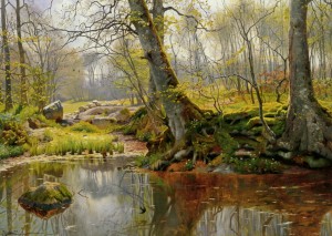 Spring landscape in a forest near town
